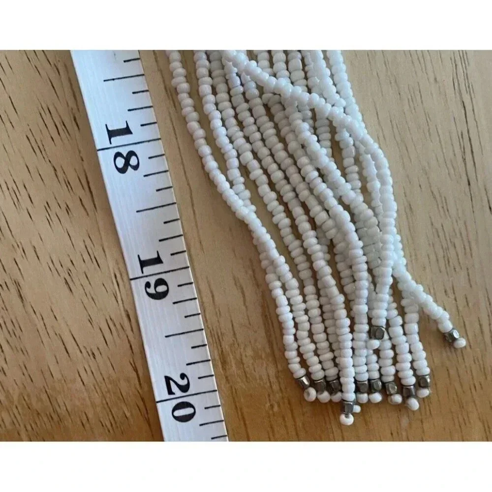 Vintage Braided White Beaded Tassel Necklace. 25” Adjustable.‎